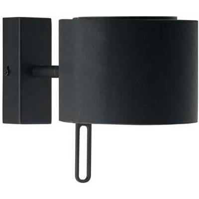 Crna, cilindarska vanjska lampa s pravokutnom podlogom i tankim, vertikalnim nosačem na donjem dijelu, za postavljanje na zid.