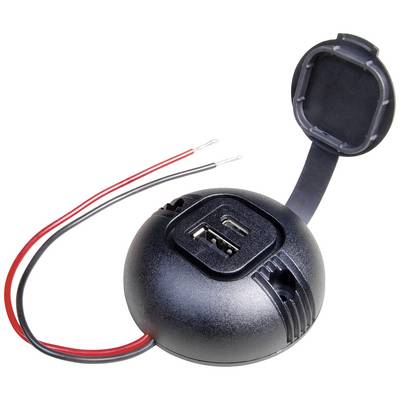 Okrugli USB modul za priključivanje s dva USB priključka i pričvršćenim crvenim i crnim vodovima. Poklopac je otvoren.