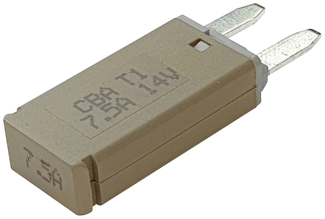Bež električna osigurač s natpisom '7.5A'. Ima dva metalna kontakta i koristi se u elektroničkim uređajima.