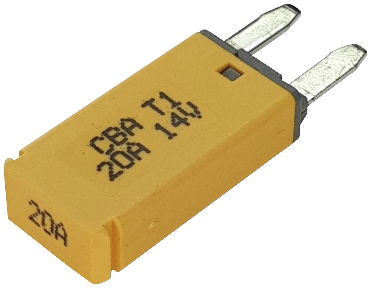 Žuti auto osigurač s natpisom 'CBA T1 20A 14V', dva metalna kontakta na jednom kraju. Pogodan za strujne krugove od 20 ampera.