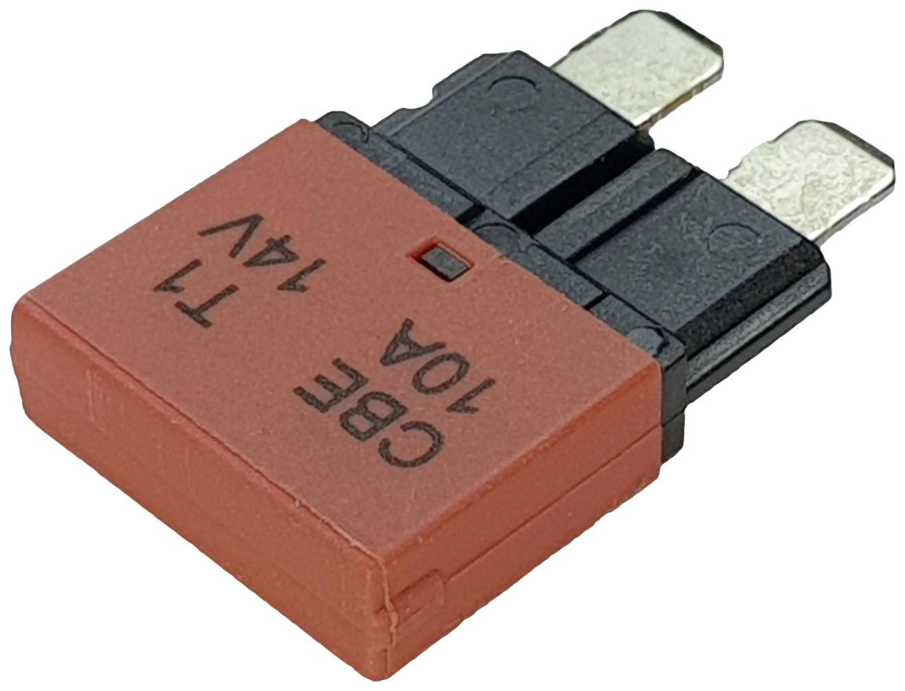 Crveni sigurnosni utikač s natpisom 'CBE 10A 14V'. Dva metalna kontakta virе iz gornje strane.