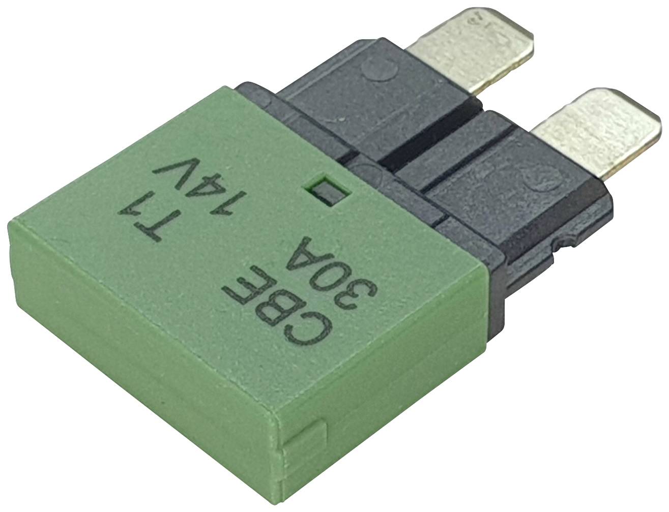 Zelena električna osigurač s natpisom 'CBE 30A 14V'.