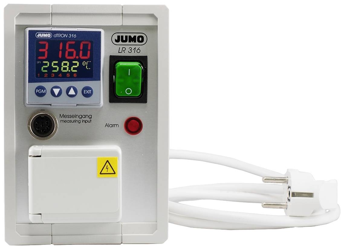 Regulator temperature s prikazom '316.0', zelenim prekidačem, priključnim kabelom i alarmnom lampom. Proizvođač Jumo, model LR 316.