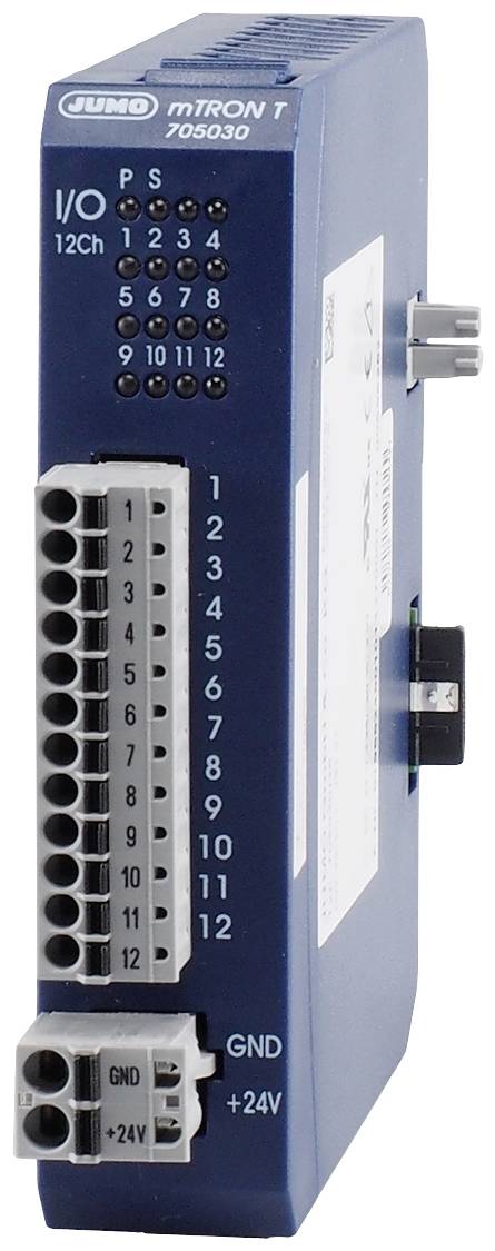Plavi I/O modul za mTRON T sustav tvrtke Jumo s 12 kanala i priključcima za GND i +24V, pogodan za industrijske primjene.