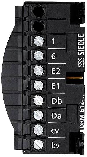 Crni električni kontaktni element s nekoliko vijčanih priključaka, vertikalno obilježen brojkama i slovima: '1', '6', 'E2', 'E1', 'Db', 'Da', 'cv', 'bv'.
