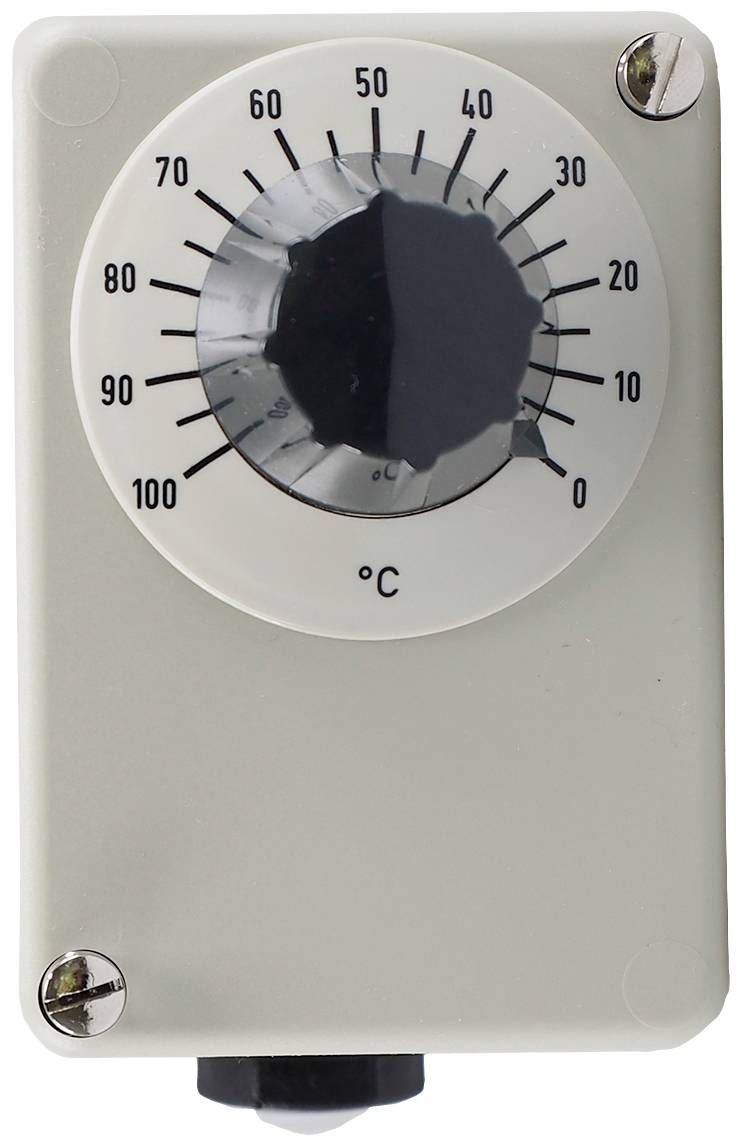 Termostat s okretnim regulatorom pokazuje ljestvicu od 0 do 100 stupnjeva Celzijusa, trenutno podešen na 50.