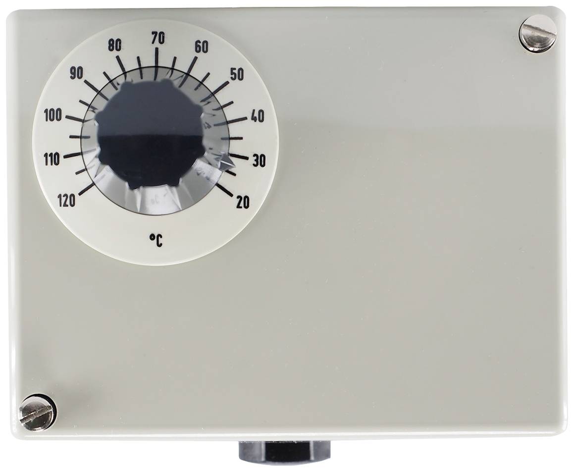 Sivo kućište termostata s velikim okretnim gumbom koji pokazuje temperature od 0 do 120°C.