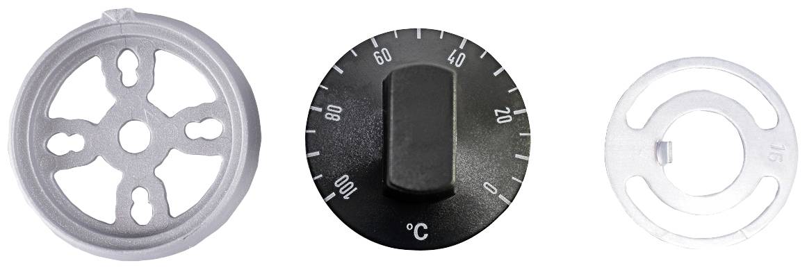 Tri različite tipke za ugrađene pećnice: lijevo i desno metalne ploče, u sredini crni regulator temperature sa skalom.