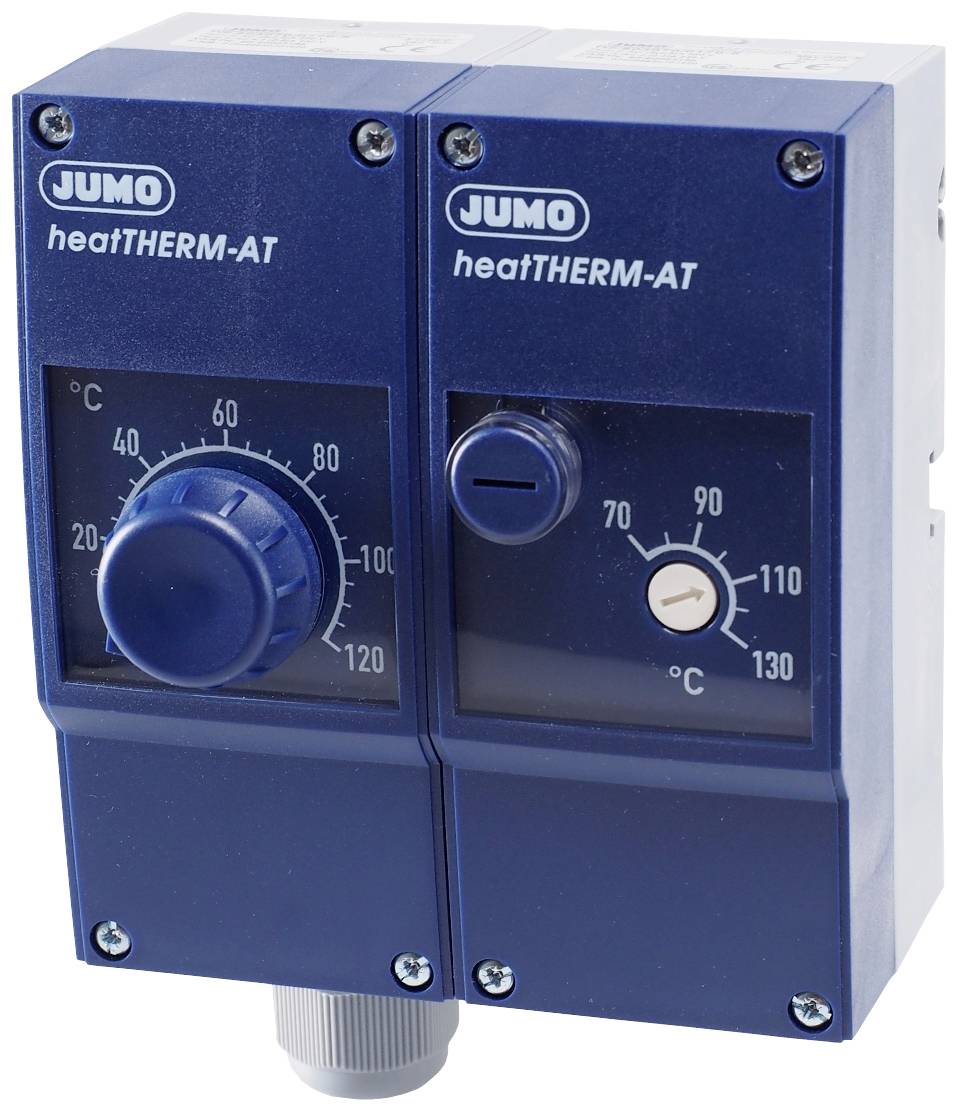 Plavi JUMO heatTHERM-AT termostat s okretnim regulatorom i prikazom temperature od 0 do 120 °C.