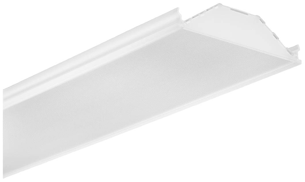 Pravokutna bijela LED stropna svjetiljka s jasnim, strukiranim dizajnom pokrova. Idealna za osvjetljenje ureda.