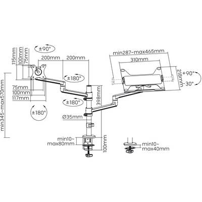 'Skica nosača monitora s dimenzijama: 200 mm, 310 mm, raspon podešavanja visine 345-570 mm. Kut nagiba od ±90° i ±30°.'
