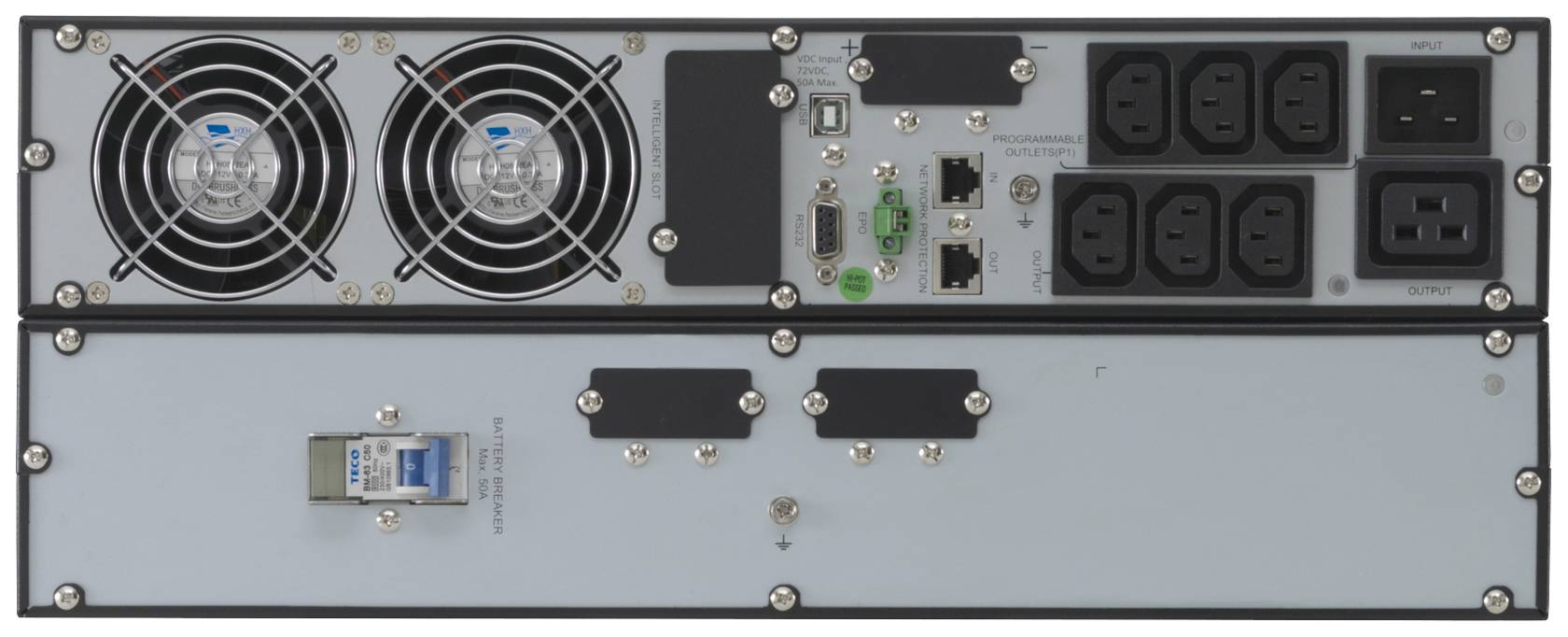 Stražnja strana elektroničkog uređaja s ventilatorima, mrežnim priključcima i portovima za mrežu i periferne uređaje.