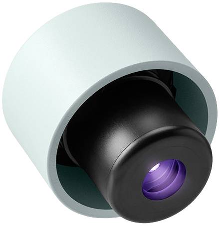 Moderna, kompaktna kamera s sjajno crnim objektivom i svjetlopllavim kućištem. Pogodna je za video snimanje ili nadzor.