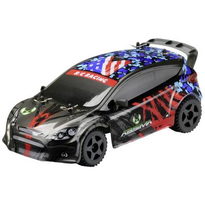 Igračka automobil u dizajnu trkaćeg automobila s crno-crvenim uzorkom, plavim akcentima i tekstom 'RC Racing' na vjetrobranskom staklu.