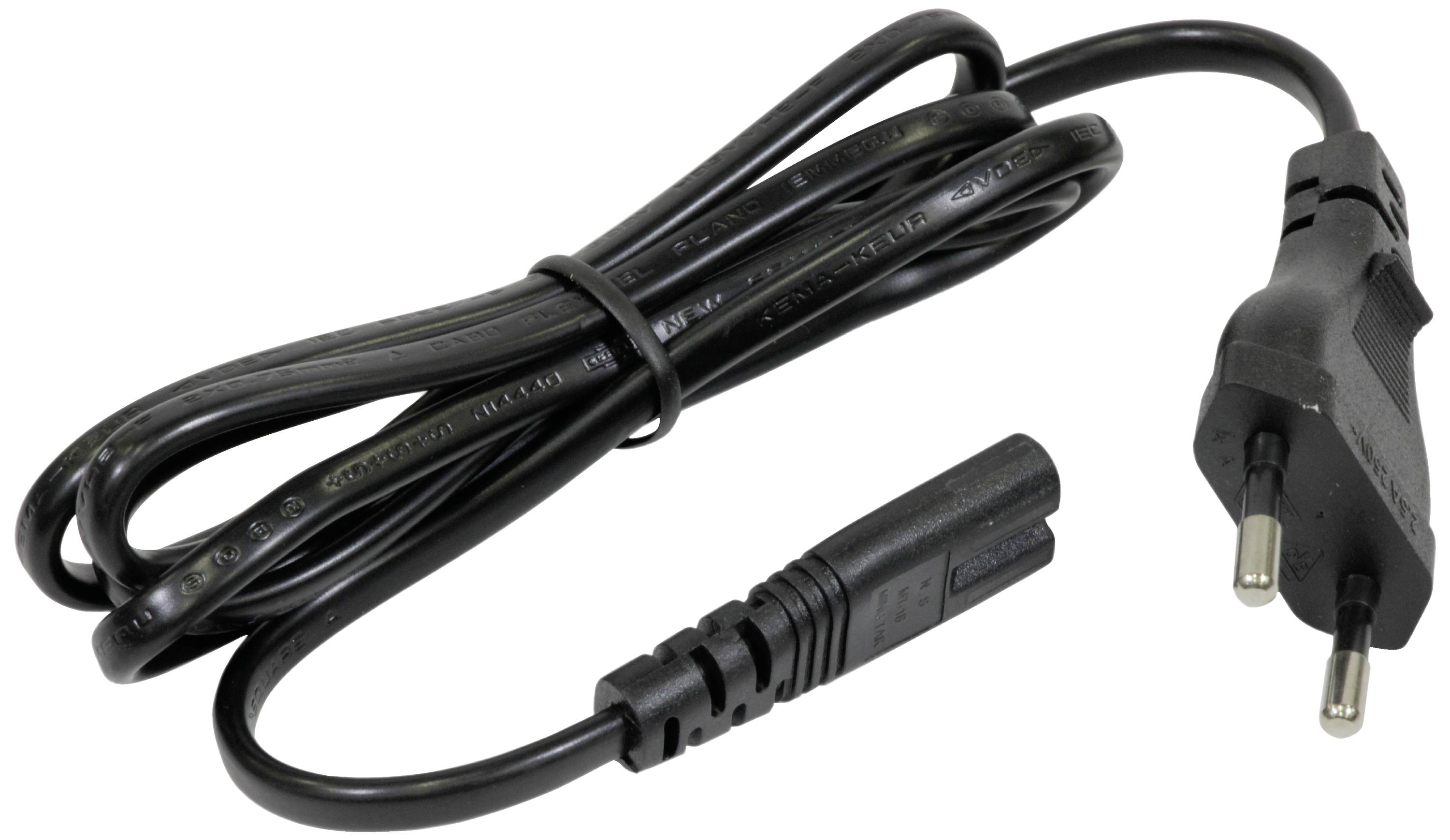 Crni mrežni kabel s dvopolnim EU utikačem na jednoj strani i C7 priključkom na drugoj, za električne uređaje.