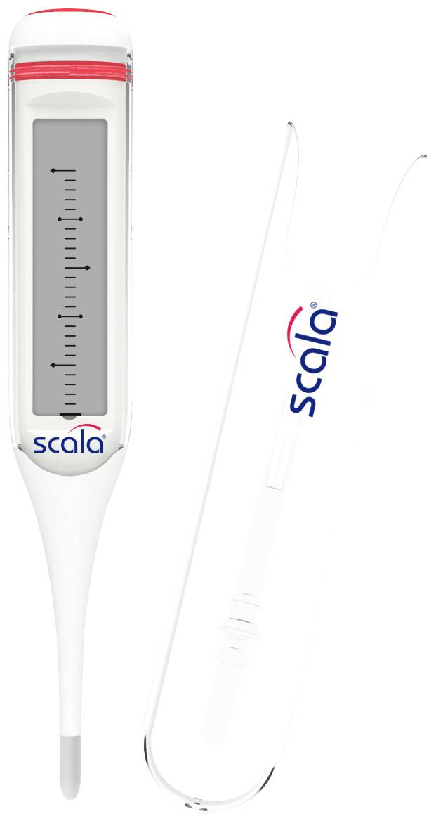 Digitalni toplomjer s logotipom 'scala' koji prikazuje ljestvicu stupnjeva. Sadržava prozirni zaštitni poklopac s desne strane.