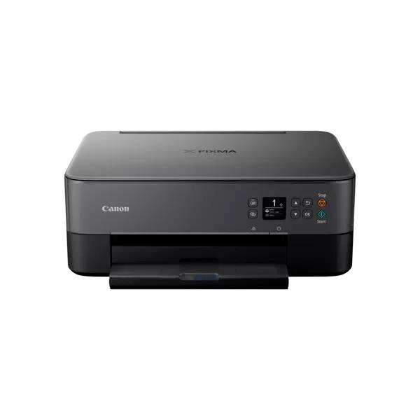 Crni Canon printer s malim zaslonom i upravljačkim tipkama sprijeda. Ladica za papir nalazi se dolje.