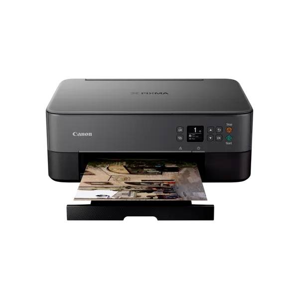 Printer štampa obojenu fotografiju. Kućište od plastike, digitalni zaslon, tipke za podešavanje. Naziv marke na prednjoj strani.