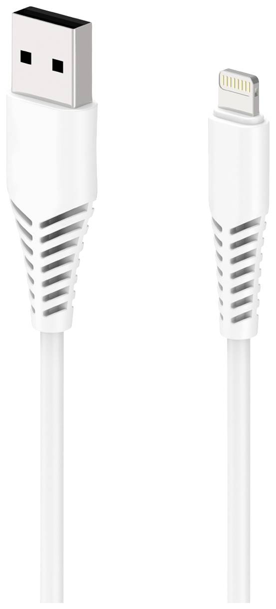 Bijeli USB kabel s Lightning priključkom, često korišten za Apple uređaje.