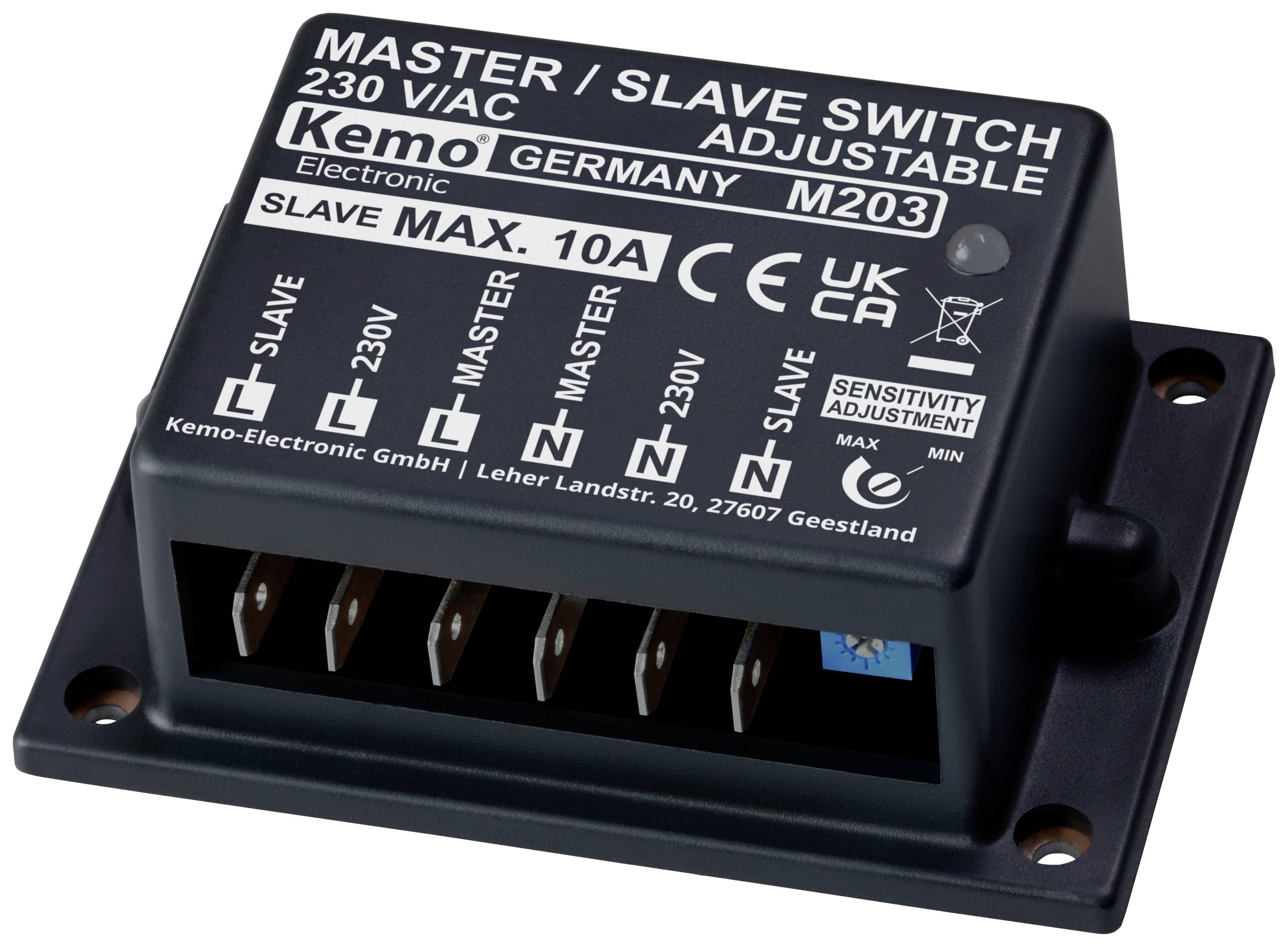 Sklopka "Master/Slave", električki prekidač, podesiv, maks. 10A opterećenja. Sadrži priključke s natpisima: 'Slave', '230V', 'Master'.