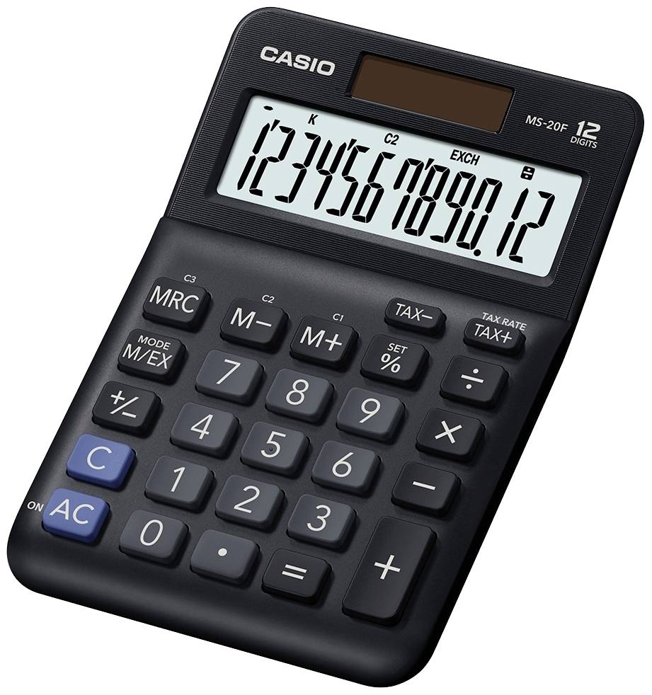 Crni džepni kalkulator s digitalnim zaslonom prikazuje '1234567890.12'. Tipke za brojeve i funkcije, naziv marke na vrhu.
