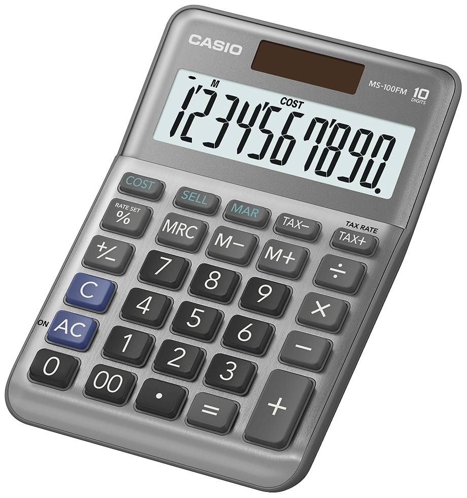 Sivi kalkulator s zaslonom koji prikazuje brojeve '1234567890'. Tipke za osnovne aritmetičke operacije i posebne funkcije.