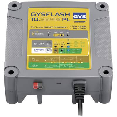 Punjač GYSFLASH 10.36/48 PL za punjenje Pb i Li-ionskih baterija, prikazuje radne načine i stanje punjenja pomoću indikатora i simbola.