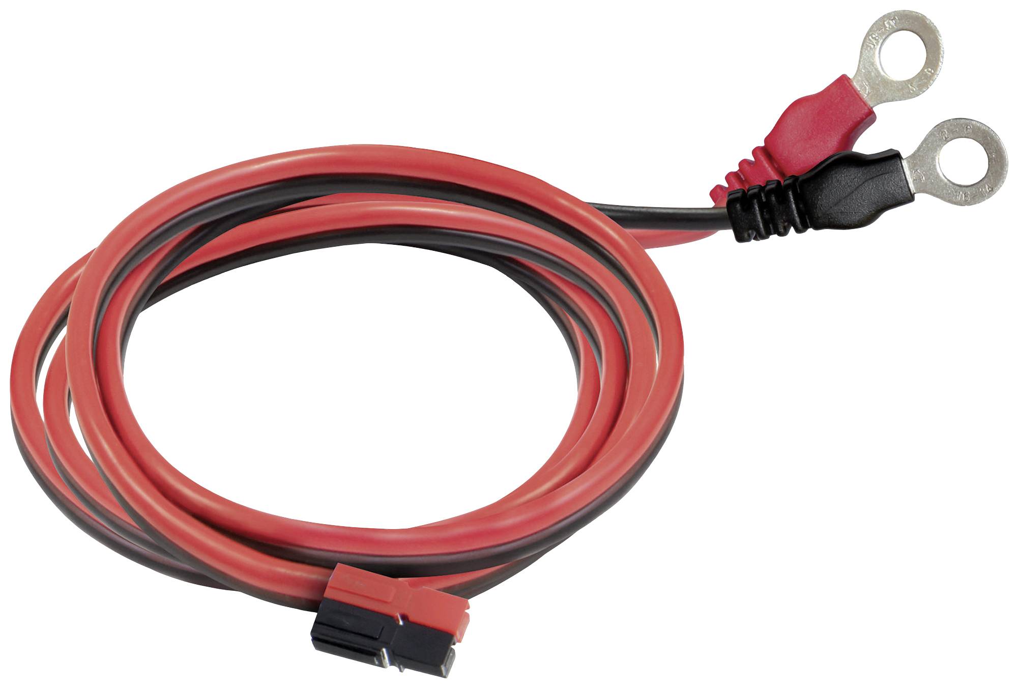 Kabel s crvenim i crnim vodičima i prstenastim stezaljkama na jednom kraju, pogodan za priključivanje na kontakte baterije ili slične primjene.