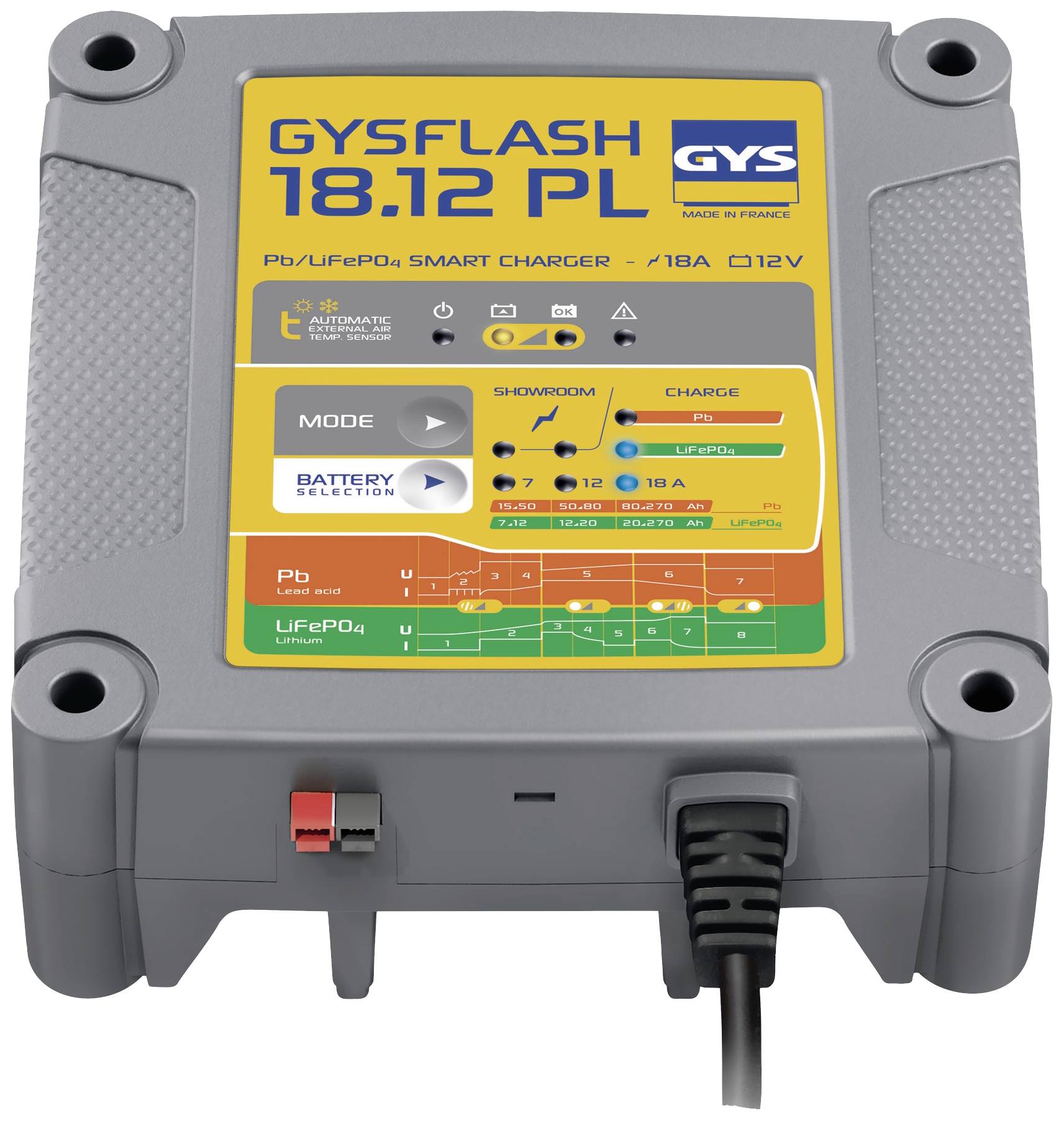 Pametni punjač 'GYSFLASH 18.12 PL' za 12V baterije, prikazuje postavke i načine punjenja, izrađen u Francuskoj.
