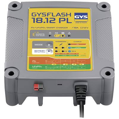 Pametni punjač 'GYSFLASH 18.12 PL' za 12V baterije, prikazuje postavke i načine punjenja, izrađen u Francuskoj.