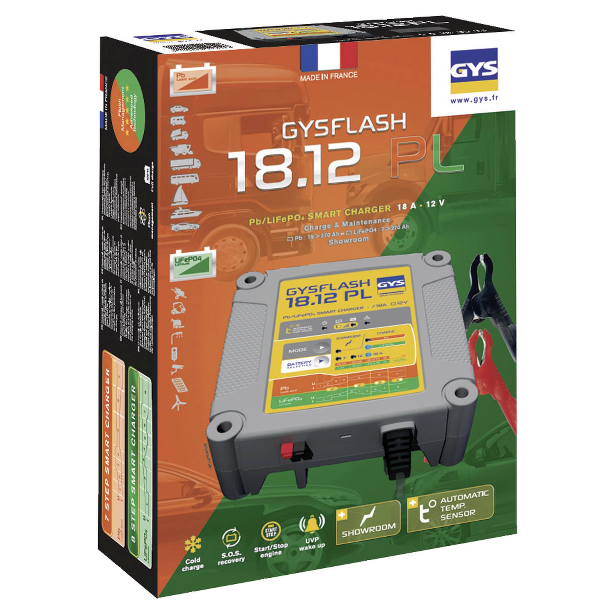 Punjač Gysflash 18.12 PL u sivoj kutiji na pakiranju. Pogodan za Pb/LiFePO4 baterije, 12V, do 18A. Izrađeno u Francuskoj.