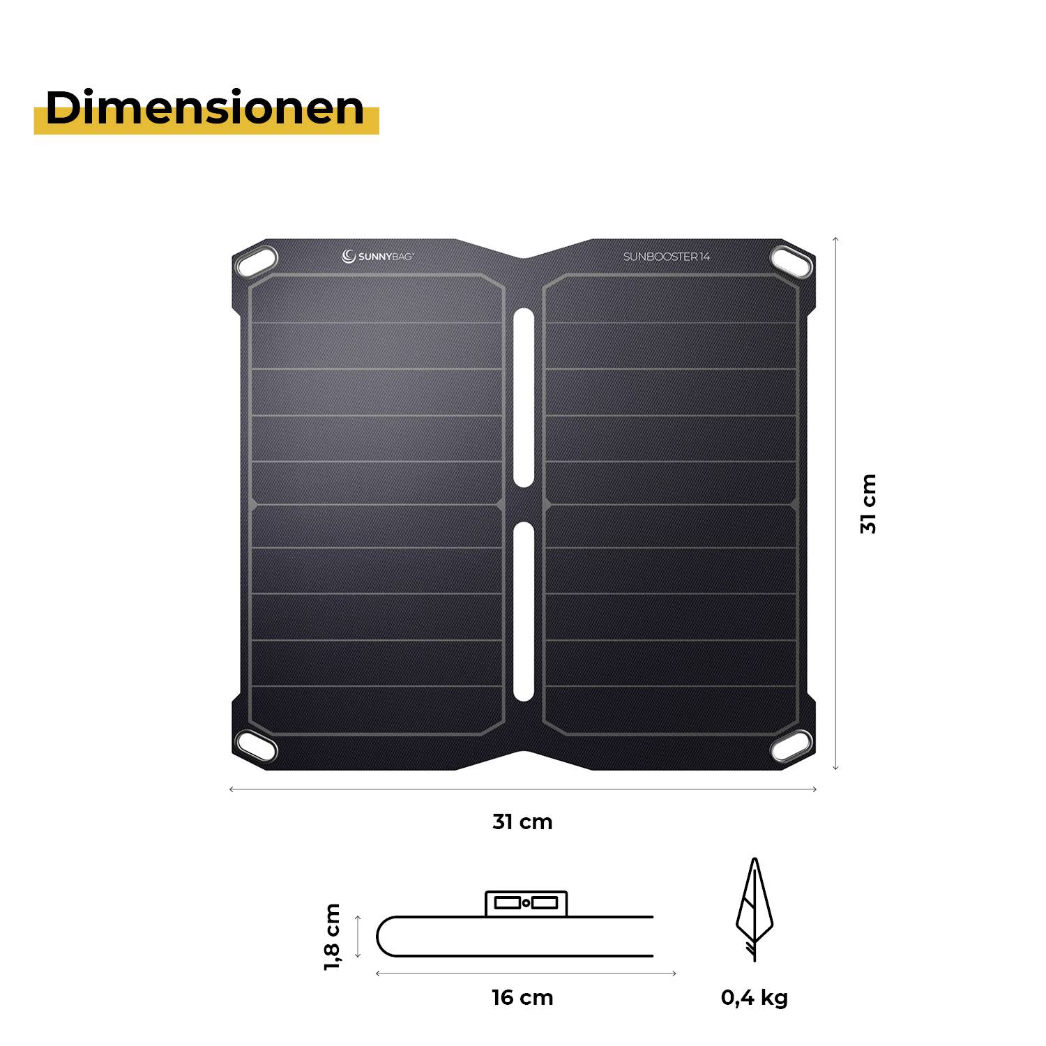 Dimenzije sklopivog solarnog modula: Raširen 31 cm x 31 cm x 1,8 cm, složen 16 cm x 31 cm, težina 0,4 kg.