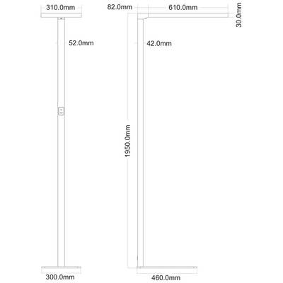 Tehnički nacrt podne lampe s mjerama: visina 1950 mm, širina 310 mm i 610 mm, dubina 300 mm i 460 mm.