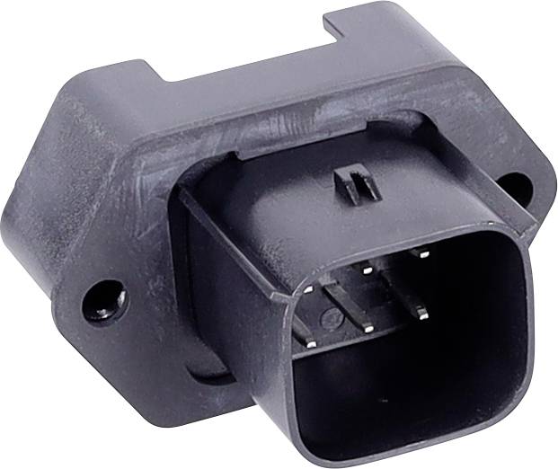 Plastični automobilski senzorski priključak s više pinova i mounting rupa, korišten za elektroničke mrežne povezivosti u vozilima.