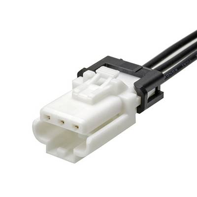 Bijeli električki priključak s crnim kabelima gleda u kameru. Priključak ima dva vidljiva kontakta.