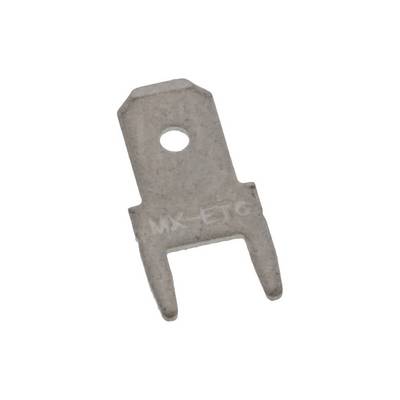 Mali, plosnati komad metala s rupom i dva zuba. Izgleda poput električkog utikača ili konektora.