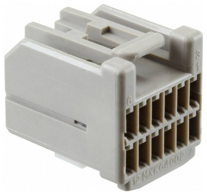 'Bež, pravokutni elektronički konektor s više proreza za igle, označen brojevima 12 MX64002 Y, korišten za električne veze.'