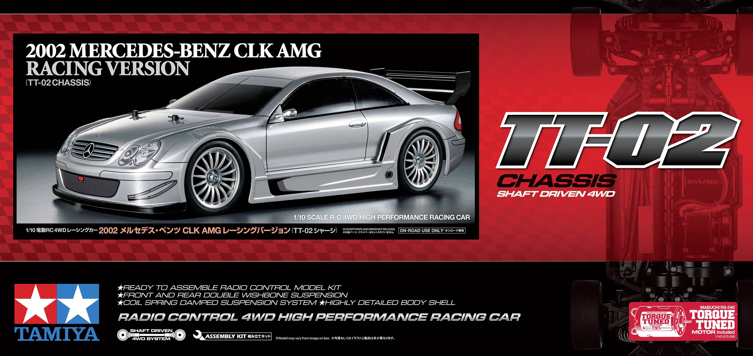 Modelni automobil 2002 Mercedes-Benz CLK AMG Racing verzije na TT-02 šasiji. Uključuje oznake za izradu modela.