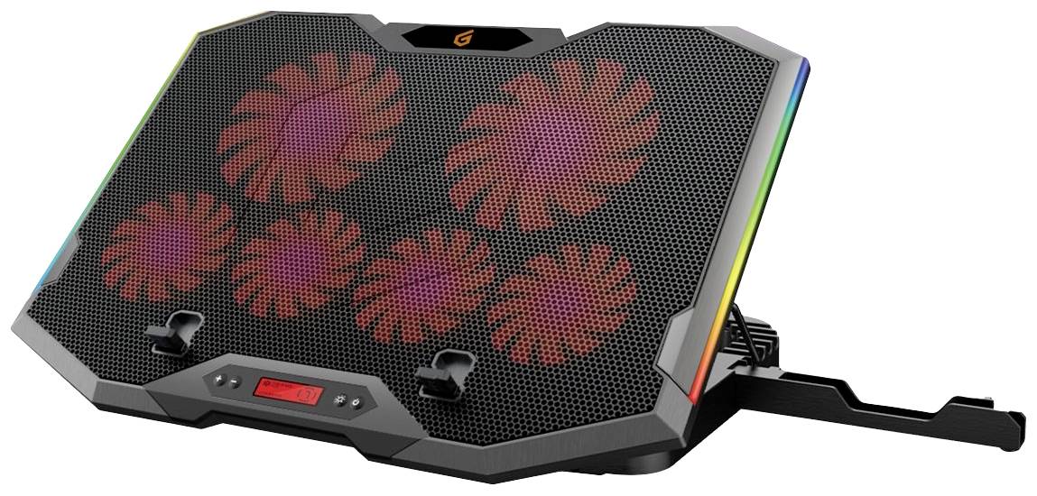Prijenosni računalni hladnjak s pet crveno osvjetljenih ventilatora i podesivim postoljem za poboljšanje hlađenja i ergonomije prijenosnog računala.