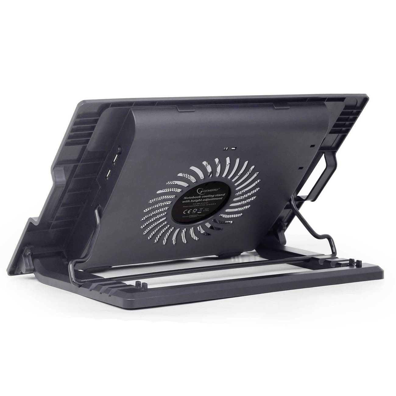 Podesivi stalak za prijenosno računalo s ugrađenim ventilatorom, osmišljen za poboljšano hlađenje i ergonomsku upotrebu na radnom mjestu.