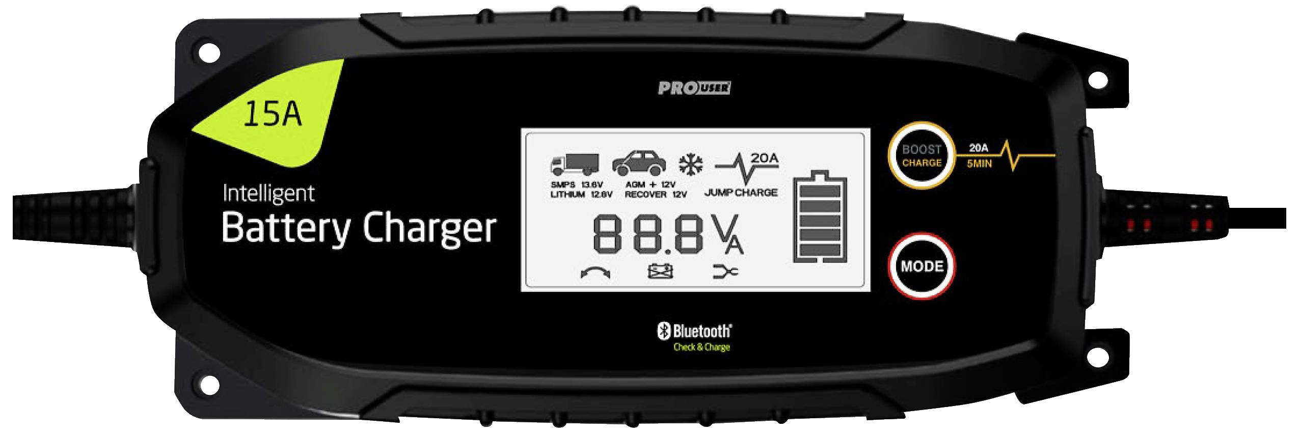 Pametni punjač baterija od 15A, prikazuje razinu punjenja od 88,8%. Opremljen je Bluetooth tehnologijom i ima različite načine rada.