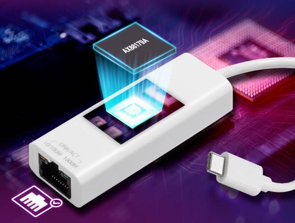 USB-C-Ethernet adapter na neonskoj pozadini naglašavajući AX88179A čip. Električki strujni krugovi u pozadini.
