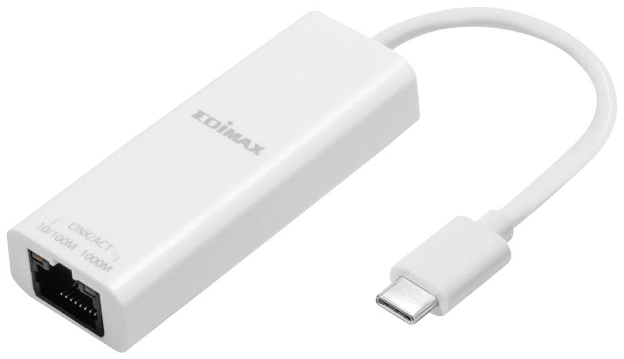 Bijeli USB-C na Ethernet adapter marke 'EDIMAX'. Pogodan za žičanu mrežnu vezu putem USB-C priključka.