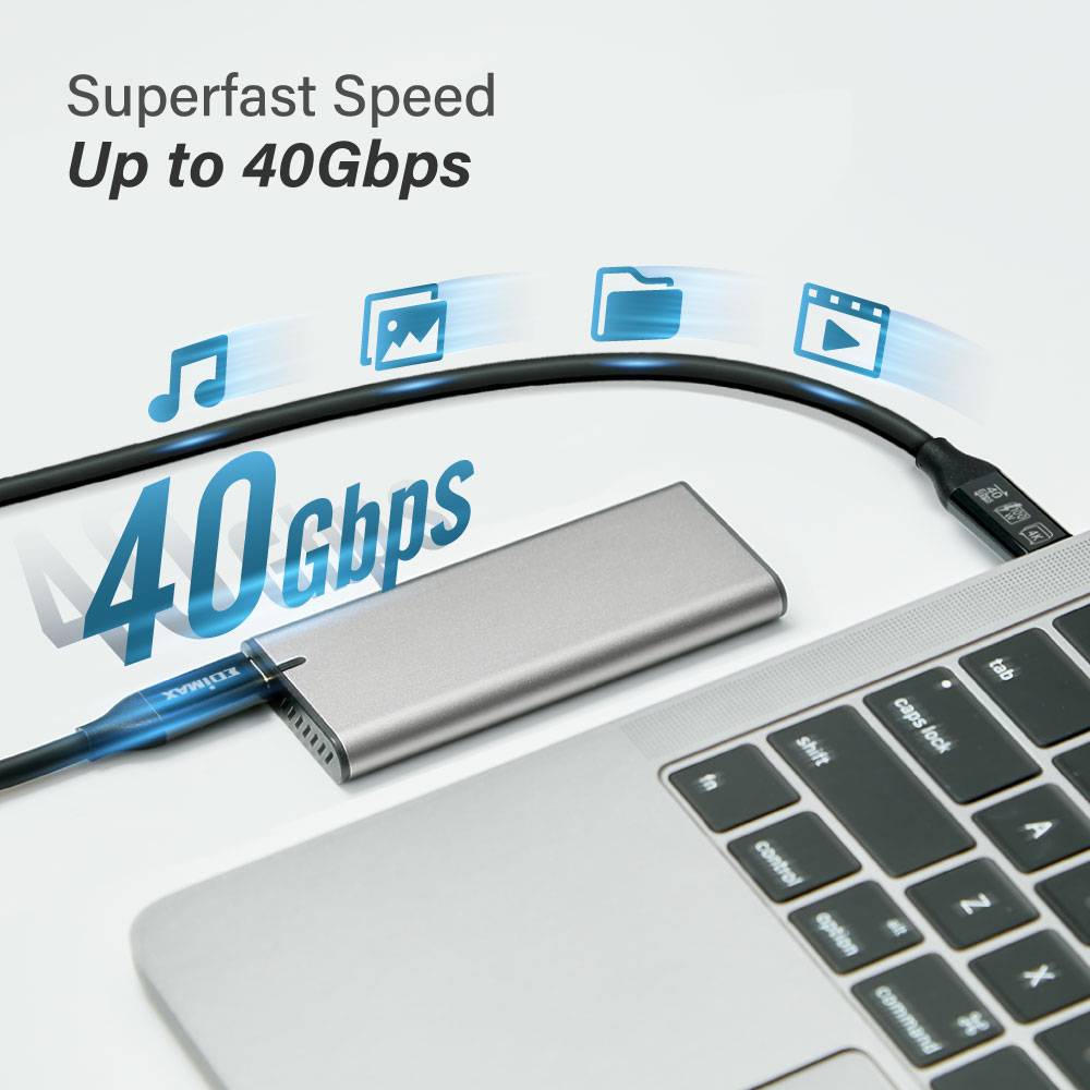 USB-C hub prenosi podatke brzinom do 40 Gbps. Simboli prikazuju glazbene note, fotografije i videozapise koji se mogu prenositi.