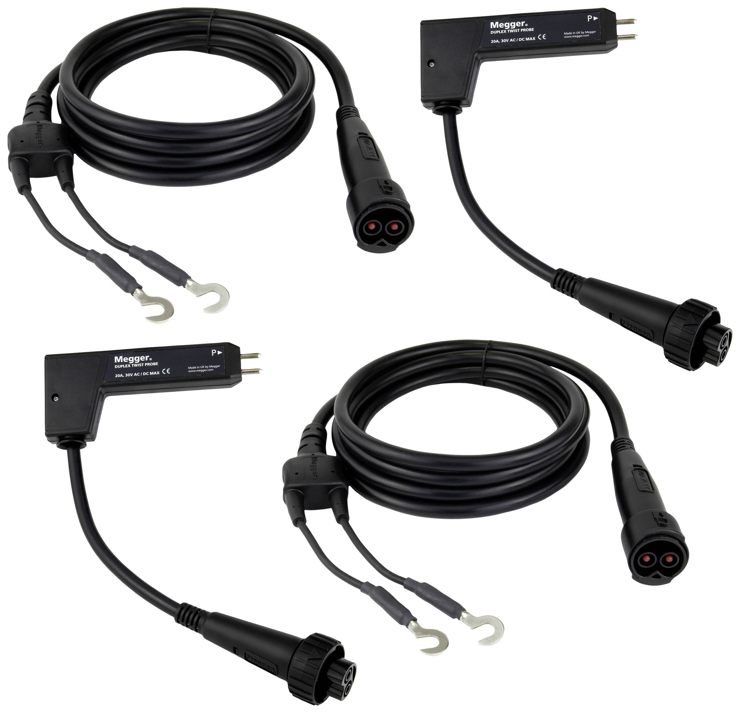 Tri crna kabela s utikačima, svaki priključen na pravokutni adapter. Pogodan za električna ispitivanja.