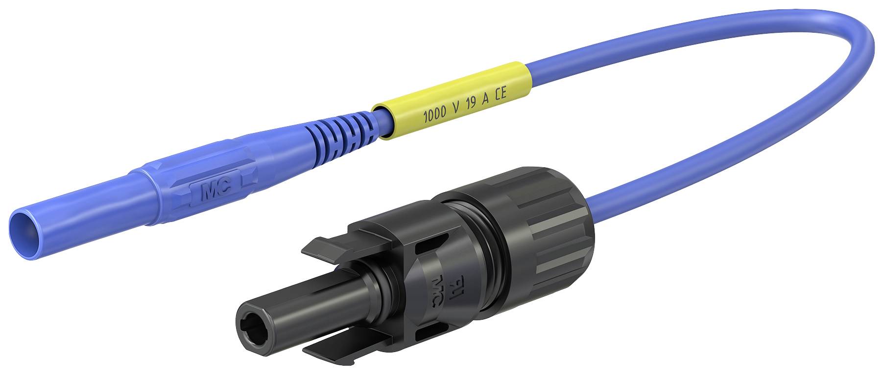 Plavi solarni kabel s MC4 utikačem, žutom naljepnicom '1000 V 50 A CE', pogodan za solarne sustave, pruža sigurno spajanje.