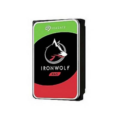 Tvrdi disk Seagate IronWolf NAS u crnoj, crvenoj i zelenoj boji, pogodan za NAS sustave, logo vučje glave na prednjoj strani.