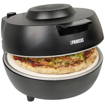 Crni pećnik za pizzu s otvorenom samoposluživačkom klapom prikazuje upravo pečenu pizzu s povrćem.