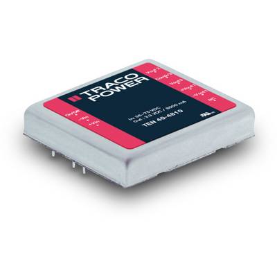 Metalni elektronički element s natpisom 'TRACO POWER'. Ima nekoliko iglica na donjoj strani za montažu.