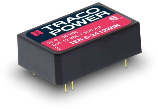 'Traco Power' DC/DC pretvarač, model TEN 6-2412WIN, ulaz 9-36 VDC, izlaz 12 VDC, maksimalno 500 mA, crno kućište sa četiri priključka.